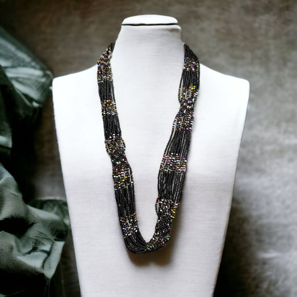 Glass Seed Bead Necklace Multi Strand Black Colorful Tubular Band Statement Boho - Picture 8 of 8